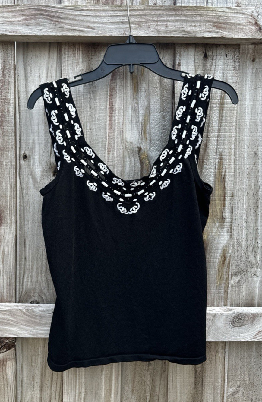 Gaby & Eden Black Knit Tank w White Beaded Embellished Neckline Statement Top M